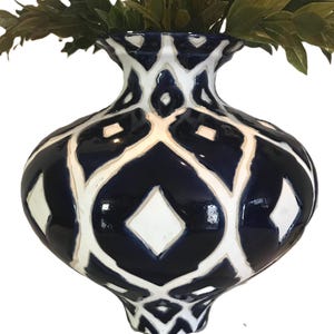 Unique matte and glazed bold pattern vase, blue and white Marrakesh style art pottery vase, ceramic boho blue and white large vase