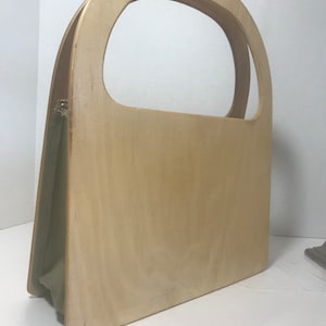 Vintage 1950s wood handbag purse, Vintage 50s unique art deco style wood top handle purse, Vintage wooden and fabric purse handbag