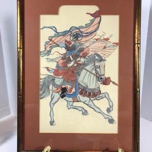 Vintage Chinese warrior scroll art, Vtg Asian scroll original painting on paper of warrior on horseback, Chinoiserie style scroll wall art