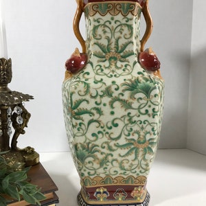 Japanese Vase Floral Hand Painted Mid Century Gold Bright Crackle