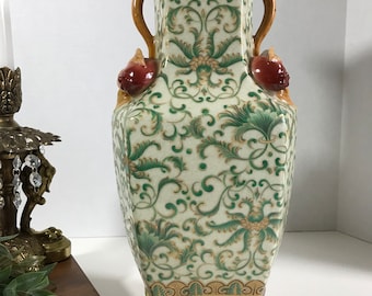 Vintage ceramic large Chinese crackle glaze urn, ginger jar, vase, Vintage Chinoiserie style large urn, vase signed with applied flowers