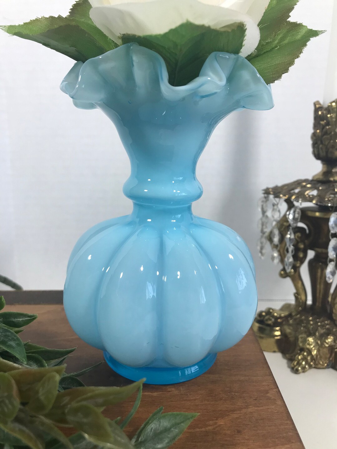 Vintage Blue 6 Glass Vase With Fluted Top Rim, Vintage Blue Art Glass