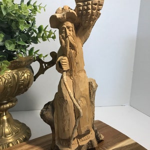 Hand Carved Wooden Statue of Bearded Man with Basket and Cane – Vintage Folk Art Sculpture, Boho Carved Wood Figurine