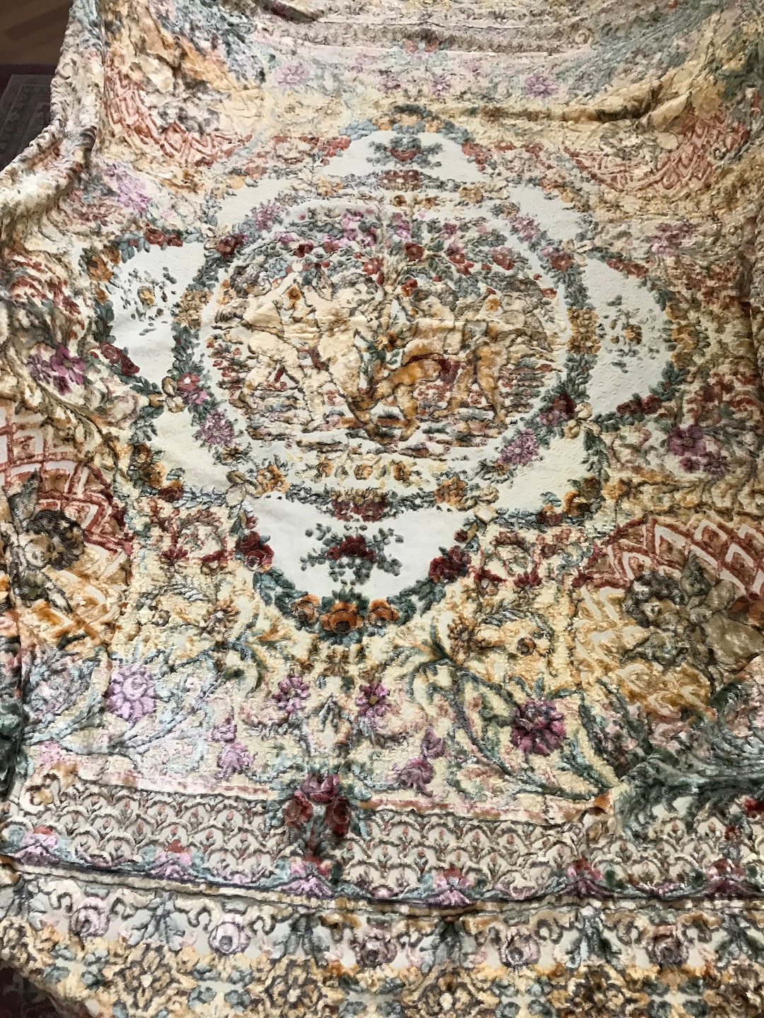 Vintage Crushed Velvet Bedspread 74x86, Vtg Crushed Yellow Velvet