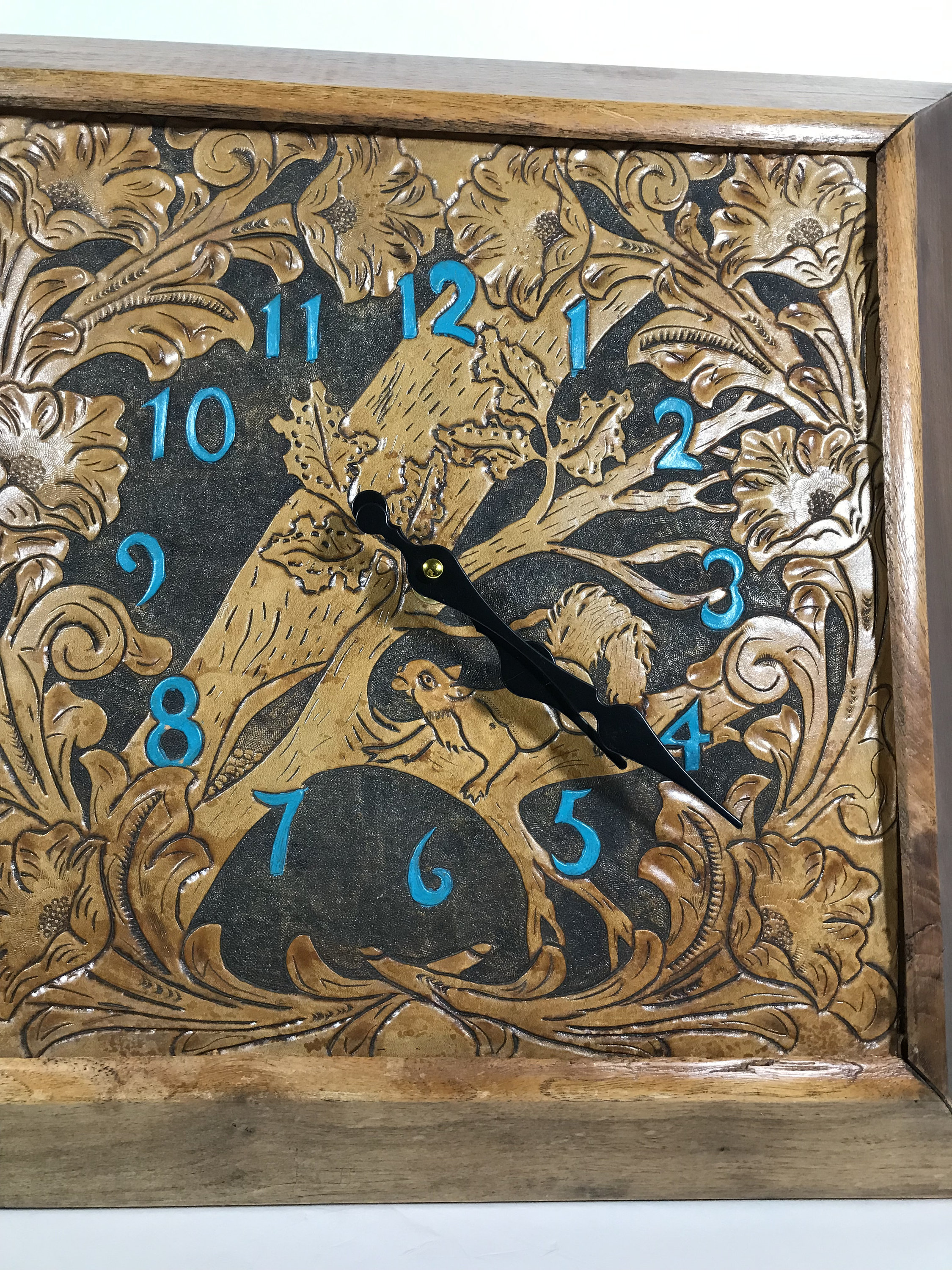 Rustic Timepiece Vintage Tooled Leather & Wood Wall Clock, 1970s Western Rustic Cabin ...