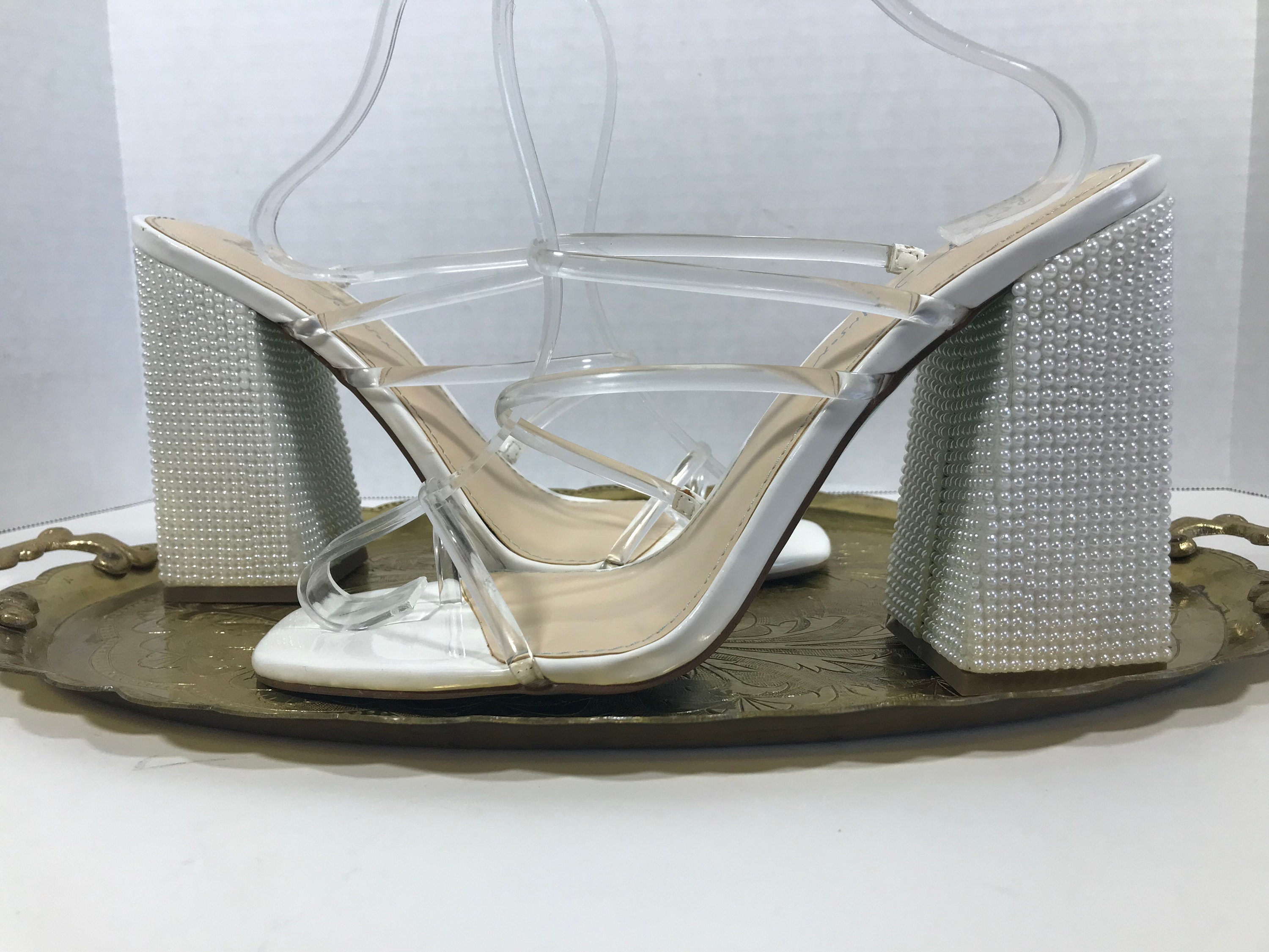 Vintage Betsey Johnson Clear Strappy Pearl Heel Shoes Betsey