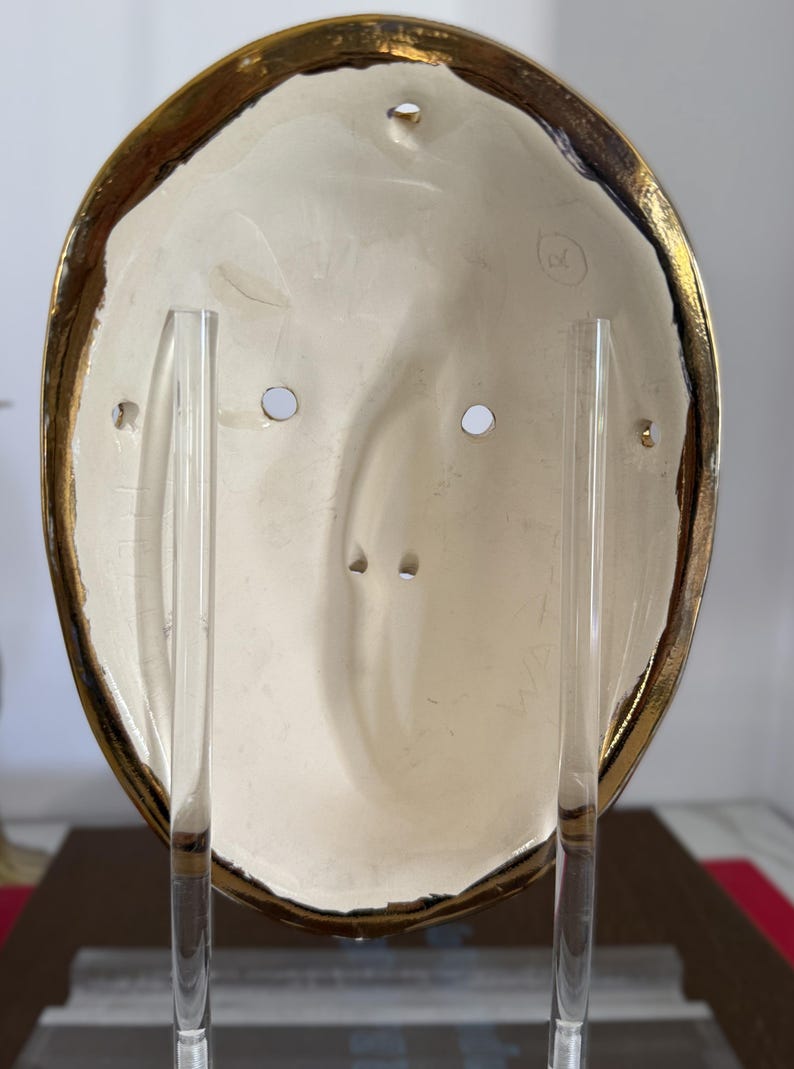 Vintage Signed Ceramic Wall Mask, Ivory Studio Pottery Face Sculpture, Modern 3D Wall Art, Bronze Trim Gallery Wall Decor image 9
