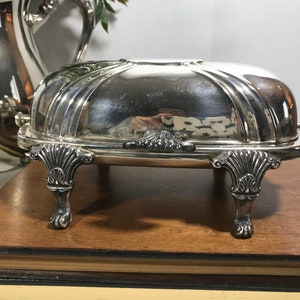 Vintage Bristol by Poole silver butter serving dish, Vtg silverplate roll top footed butter dish, Vintage elegant silver serving dish