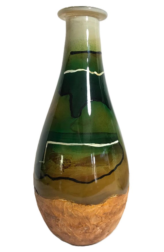 Vintage bunte Vase aus mundgeblasenem Glas, einzigartige handbemalte Glasvase mit Unterteil aus Pappmache, große erdfarbene Glasvase