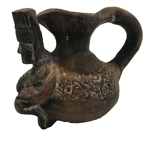 Antique hand-formed effigy pottery pitcher, aged red clay warrior-style vessel, vintage primitive art pottery urn