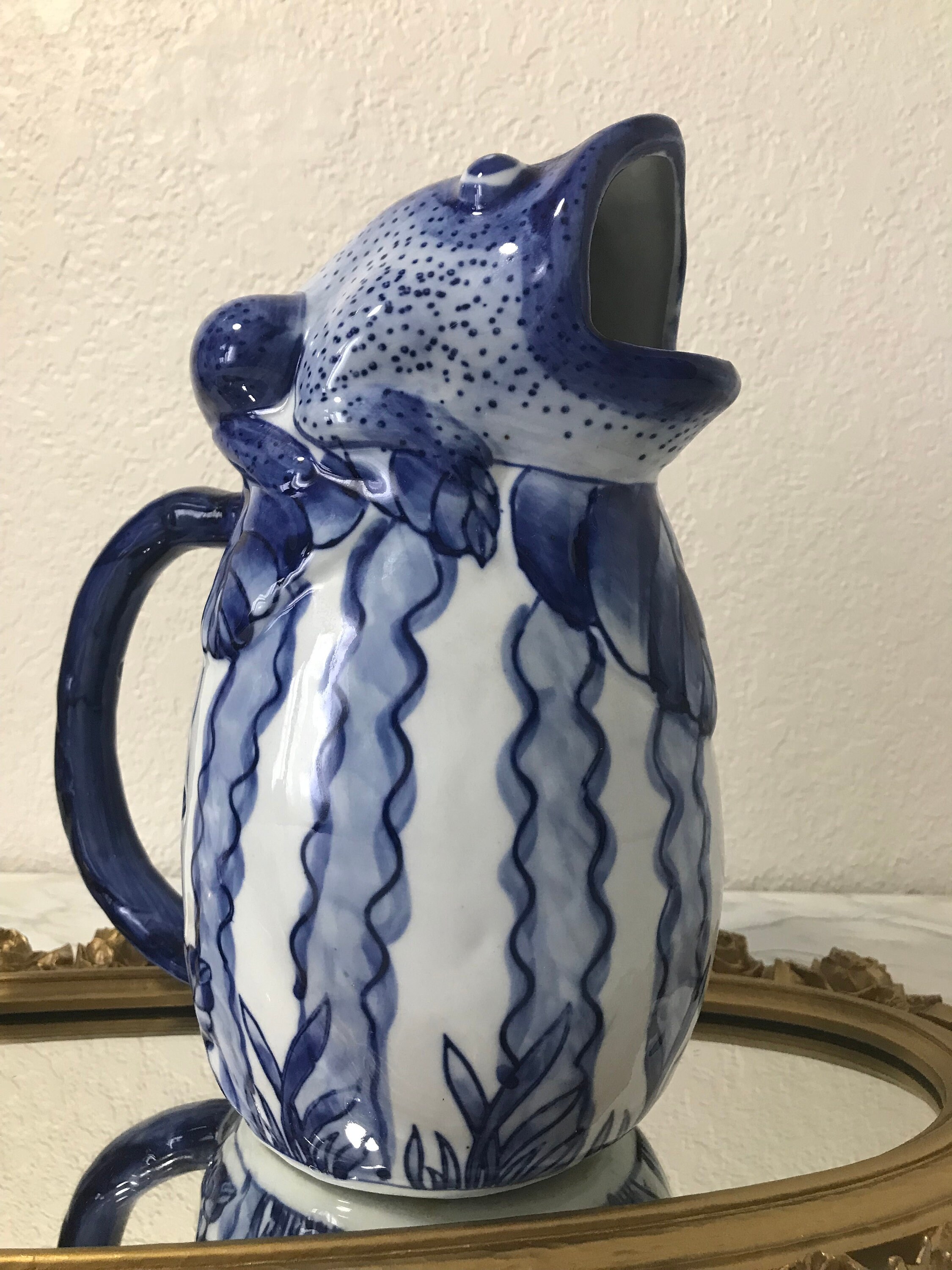 Vintage Blue and White Ceramic Majolica Frog Pitcher, Vase - Etsy