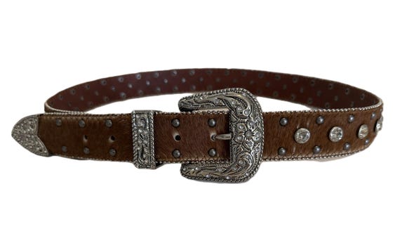 Vintage Western Brown Hair on Hide Belt, Studded Cowhide  display picture 1