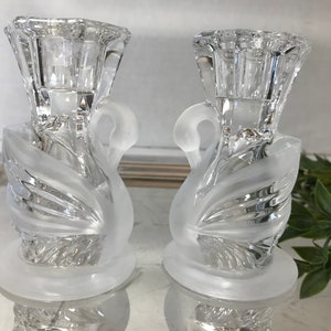 Vintage crystal swan candle holders, elegant crystal clear and matte glass swan figural candle holder set of 2, unique swan candle holders