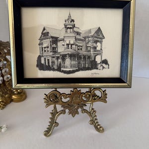 Vintage Guy W. Thomas Pen and Ink Victorian Home Print – Signed & Numbered Lithograph, 8x6 Framed Architectural Art