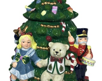 Albero di Natale Spode vintage con giocattoli, grande barattolo per biscotti in ceramica