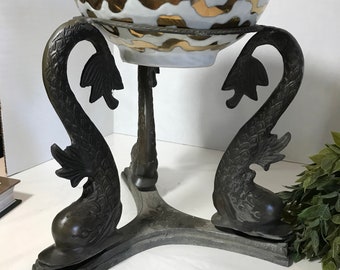 Vintage metal Chinoiserie style vase stand, vintage cast metal large plant holder, vintage cast metal dolphin vase holder stand