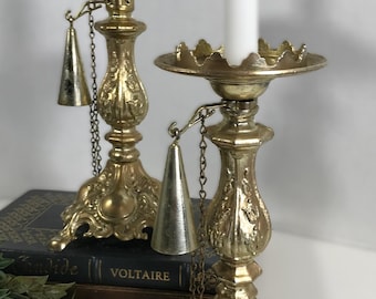 Vintage gold ornate candleholder with snuffer, vintage ornate gold metal candle stick, vintage elegantly detailed ornate gold candle holder