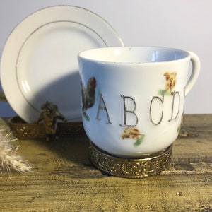 Vintage porcelain child&#39;s demitasse Alphabet cup and saucer, Vintage porcelain china small teacup with alphabet and chickens with saucer