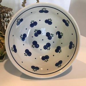 Pode incluir: Uma tigela de cerâmica branca com um padrão de mirtilos azul e verde. A tigela é redonda e tem uma ligeira borda.