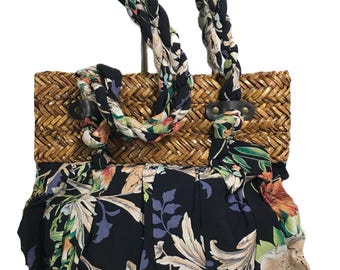 Vintage Seegras Blumentasche, Bast Seegras und Blumen Stoff Tragetasche, Stroh und Stoff Urlaubs Geldbeutel Tote, Strand Strohbeutel Geldbörse