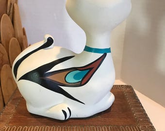 ヴィンテージ ネイティブアメリカンスタイル 手描き陶器猫、サイン入り