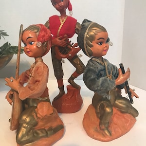 Vintage Pixie figurines, MCM musical Pixie dolls, Mid Century Pixie figurines, Pixies with instruments, Pixie elf 50s vintage figurines