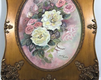 Vintage Gloria Curtis floral still life in ornate carved wood frame 22x26 signed original oil painting on canvas, original floral painting