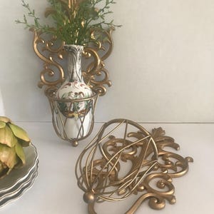 Vintage gold metal caged wall sconces, Vintage gold basket style candle wall sconce, gold caged metal plant wall sconce, gold wall decor
