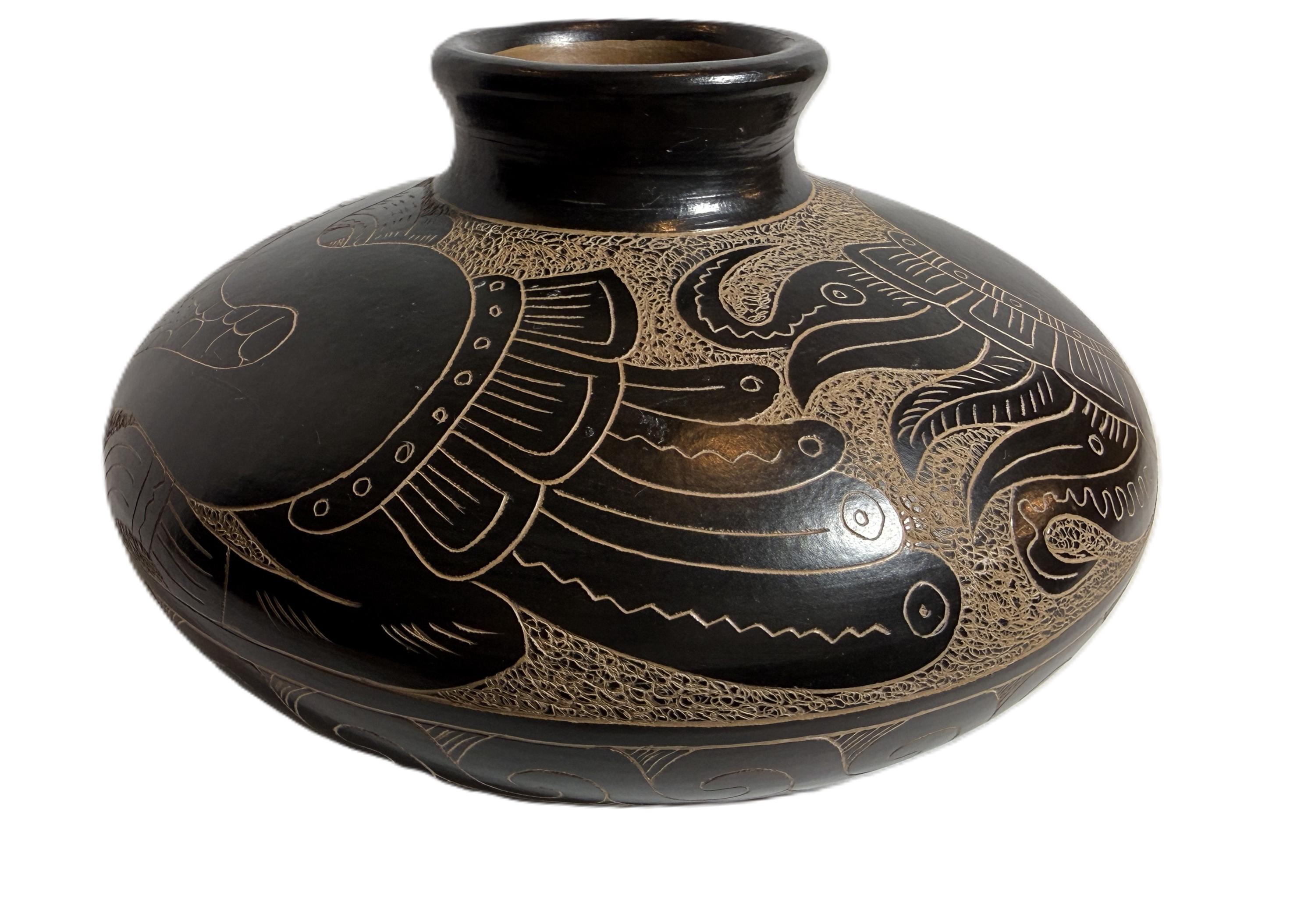 Vintage Nicaraguan Black Pottery Vase, Hand Carved Folk Art Studio