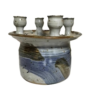 Art pottery unique candle holder dish, signed, ceramic studio pottery large candle holder with center bowl, glazed studio pottery signed
