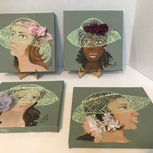 Small woman in hat painting, Set of paintings girls with hats wall art, original mixed media framed art signed, small artsy signed paintings