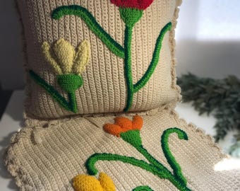 Vintage 1970s hand crocheted floral pillow covers, Vintage 70s hand knit 3D flower open weave pillow cover with ribbon closure