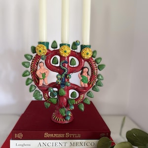 Vintage Mexican Folk Art Adam & Eve Candelabra Hand Painted Ceramic 3 Arm Candle Holder