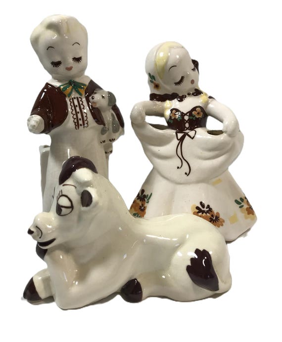 Vintage De Lee 1940er Jahre Keramik Figuren Set - Vintage De Lee Keramikfigur Pflanzgefäß Set