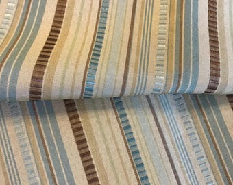 Home decor stripe blue, khaki and brown fabric remnant, neutral stripe drapery fabric, classic striped home decor upholstery fabric 56x118"