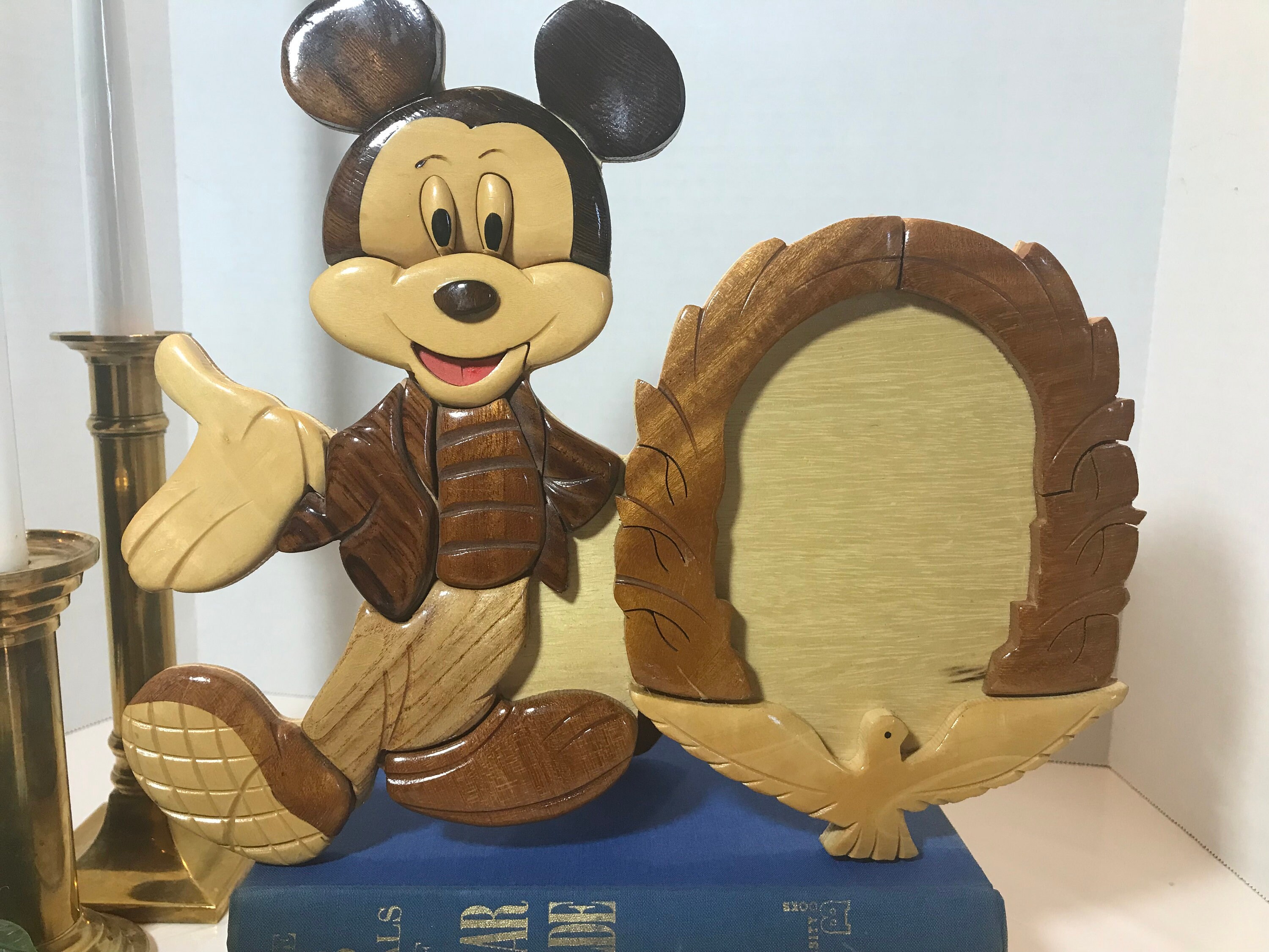 Vintage Mickey Mouse Wood Picture Frame, Hand Carved Marquetry