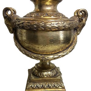 Vintage Grecian style gold leaf urn vase planter with ram head details