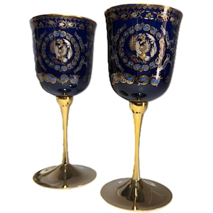 Copas pequeñas vintage de porcelana dorada japonesa con motivo de fénix, inspiradas en Kutani (juego de 2) - Cristalería de porcelana japonesa con pie para aperitivos