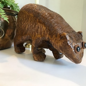 Vintage hand carved wooden bear large statue, Vintage carved wood bear with bulging eyes, boho wooden bear sculpture, wooden bear statue