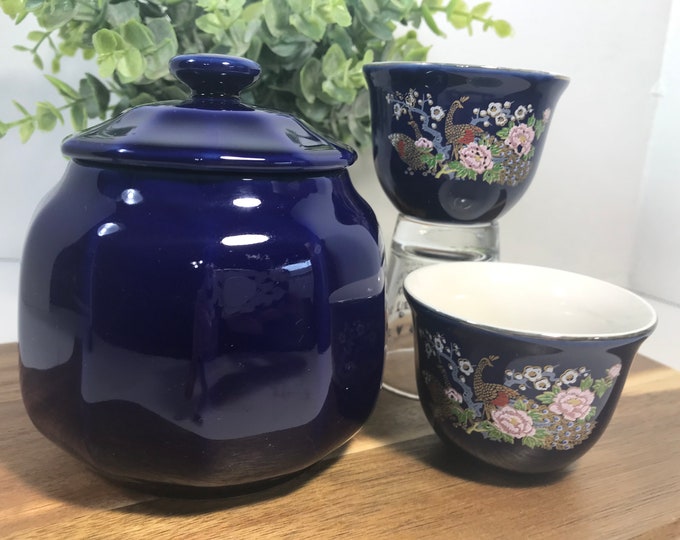 Cobalt Blue Music Box Tea Set 15 PC Coffee Set Peacock Design Japanese