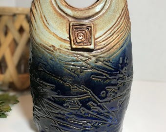 Vintage Studio Pottery Sculptural Vase Signed, Contemporary Blue Brown Textured Ceramic Art Vase, Modern Organic Glazed Pottery