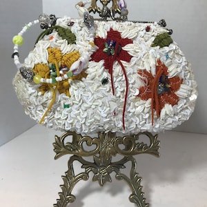 Vintage Mary Frances floral beaded handbag purse, Mary Frances elegant white beaded purse, evening bag with suede and stone floral details