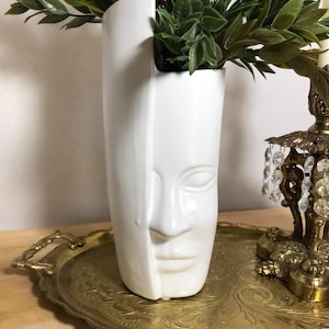 Vintage whimsical folded face vase, white modern wrapped face vase, white ceramic figurative vase, unique figural dripped face vase