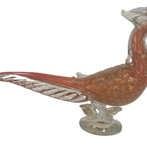 Italian Murano orange art glass 15" large pheasant bird sculpture, Murano Sommerso art glass orange large pheasant bird figurine statue