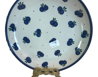 Polish Pottery salad plate wild blueberry pattern, handmade Polish ceramic blueberry design 8" salad plate, Polish blueberry pottery.