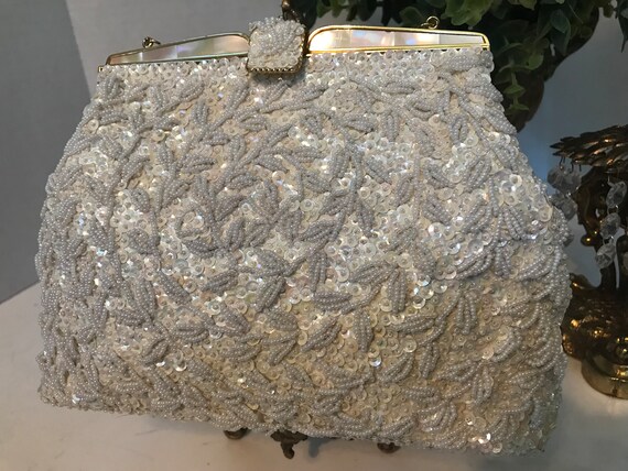 Vintage beaded handbag purse, Vtg 50s beaded whit… - image 5