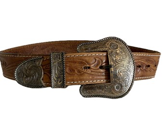 Vintage 80s Genuine Peacock Feather and Brown Leather Belt  display picture 2