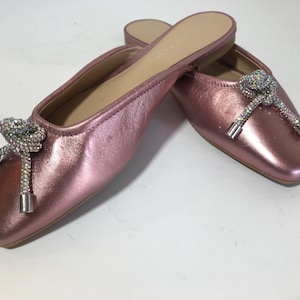 Copper Key pink metallic slip on mules,  shoes, Size 7M, Copper Key muted pink metallic slip on flats with aroura borealis rhinestone detail
