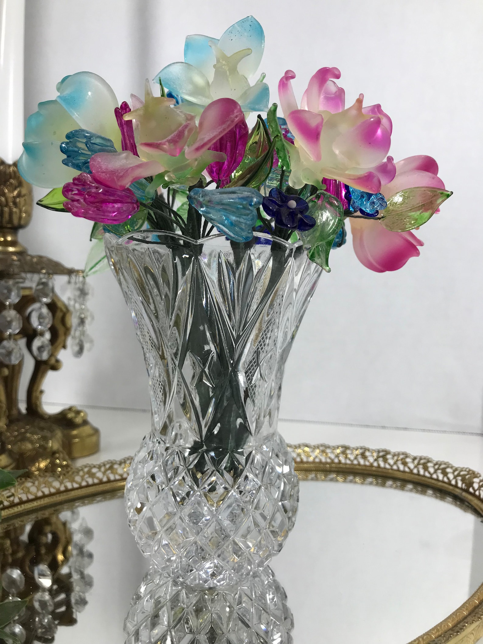 Vintage Glass Flowers in Crystal Vase, Elegant Crystal Vase Filled With ...