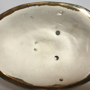 May include: A white ceramic bowl with a gold rim. The bowl has a few holes in the bottom and the words "WATER PEARL HEALTH" are written on the inside.